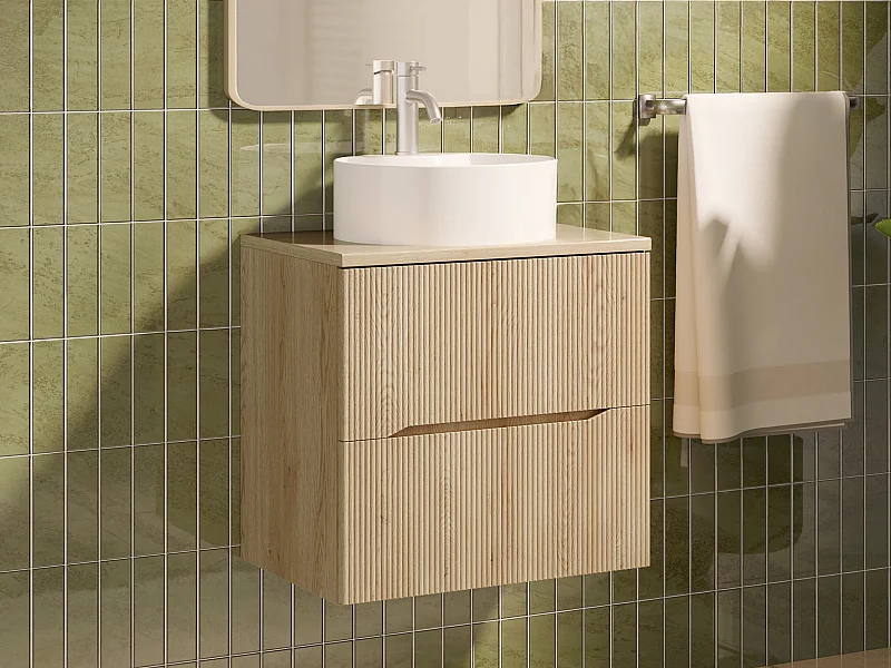 Meuble de salle de bain suspendu strié avec vasque à poser ronde et robinet - Naturel clair - 60 cm - ORISO