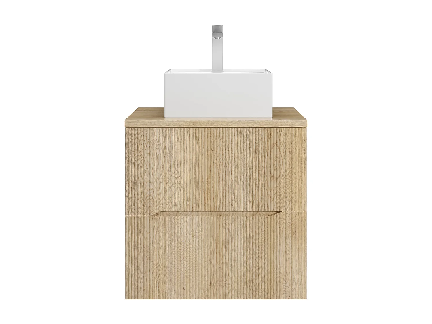 Meuble de salle de bain suspendu strié avec vasque à poser carrée et robinet - Naturel clair - 60 cm - ORISO