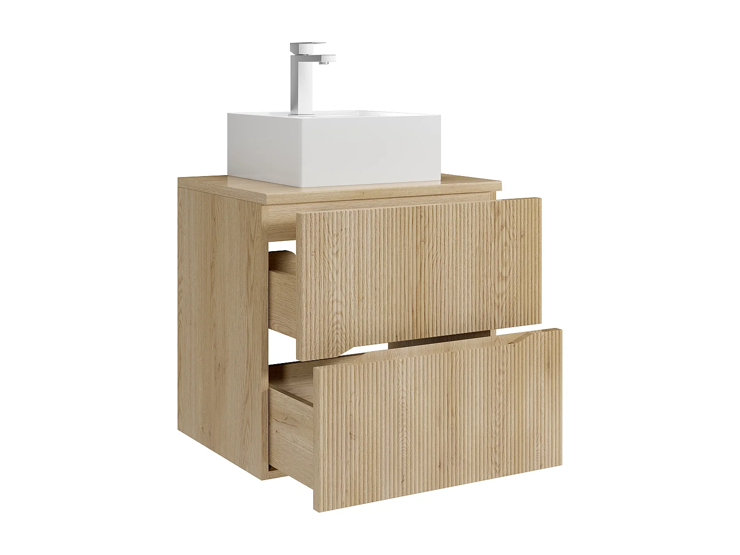 Meuble de salle de bain suspendu strié avec vasque à poser carrée et robinet - Naturel clair - 60 cm - ORISO