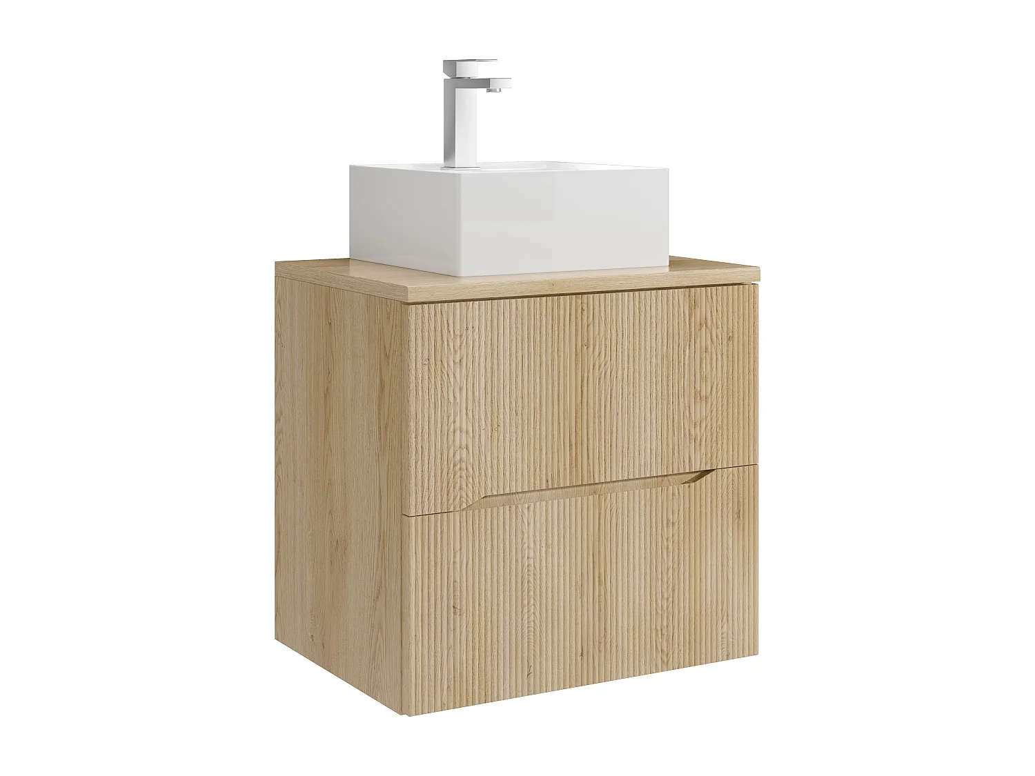 Meuble de salle de bain suspendu strié avec vasque à poser carrée et robinet - Naturel clair - 60 cm - ORISO