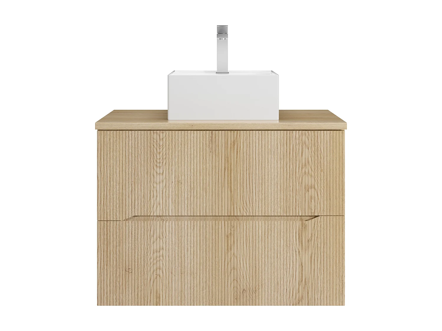 Meuble de salle de bain suspendu strié avec vasque à poser carrée et robinet - Naturel clair - 80 cm - ORISO