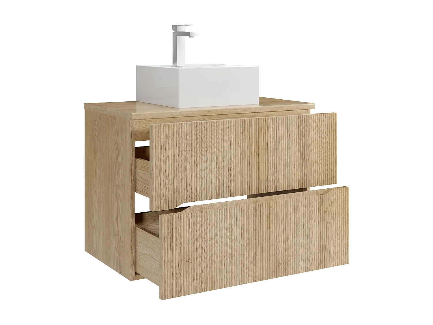 Meuble de salle de bain suspendu strié avec vasque à poser carrée et robinet - Naturel clair - 80 cm - ORISO