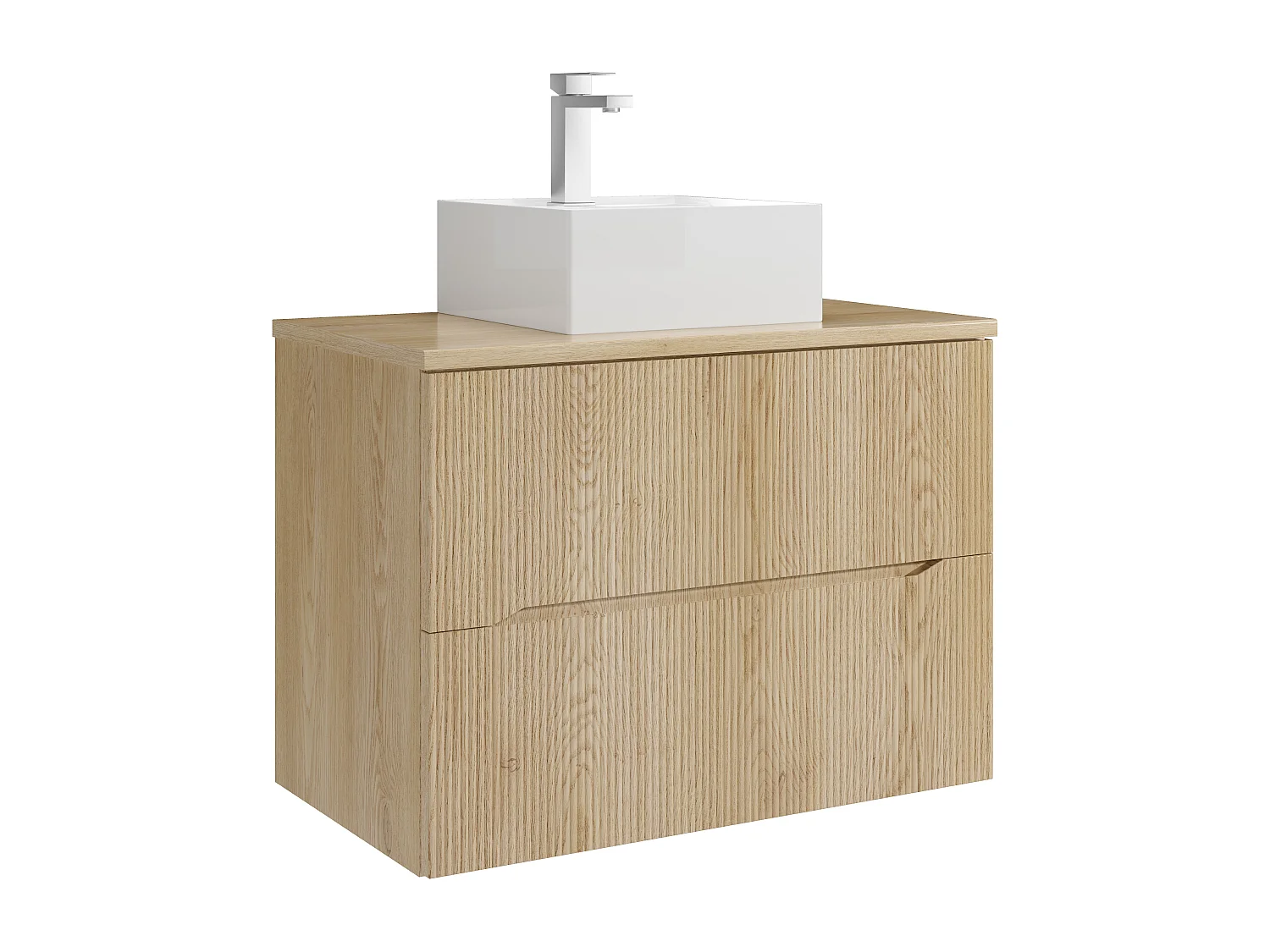 Meuble de salle de bain suspendu strié avec vasque à poser carrée et robinet - Naturel clair - 80 cm - ORISO