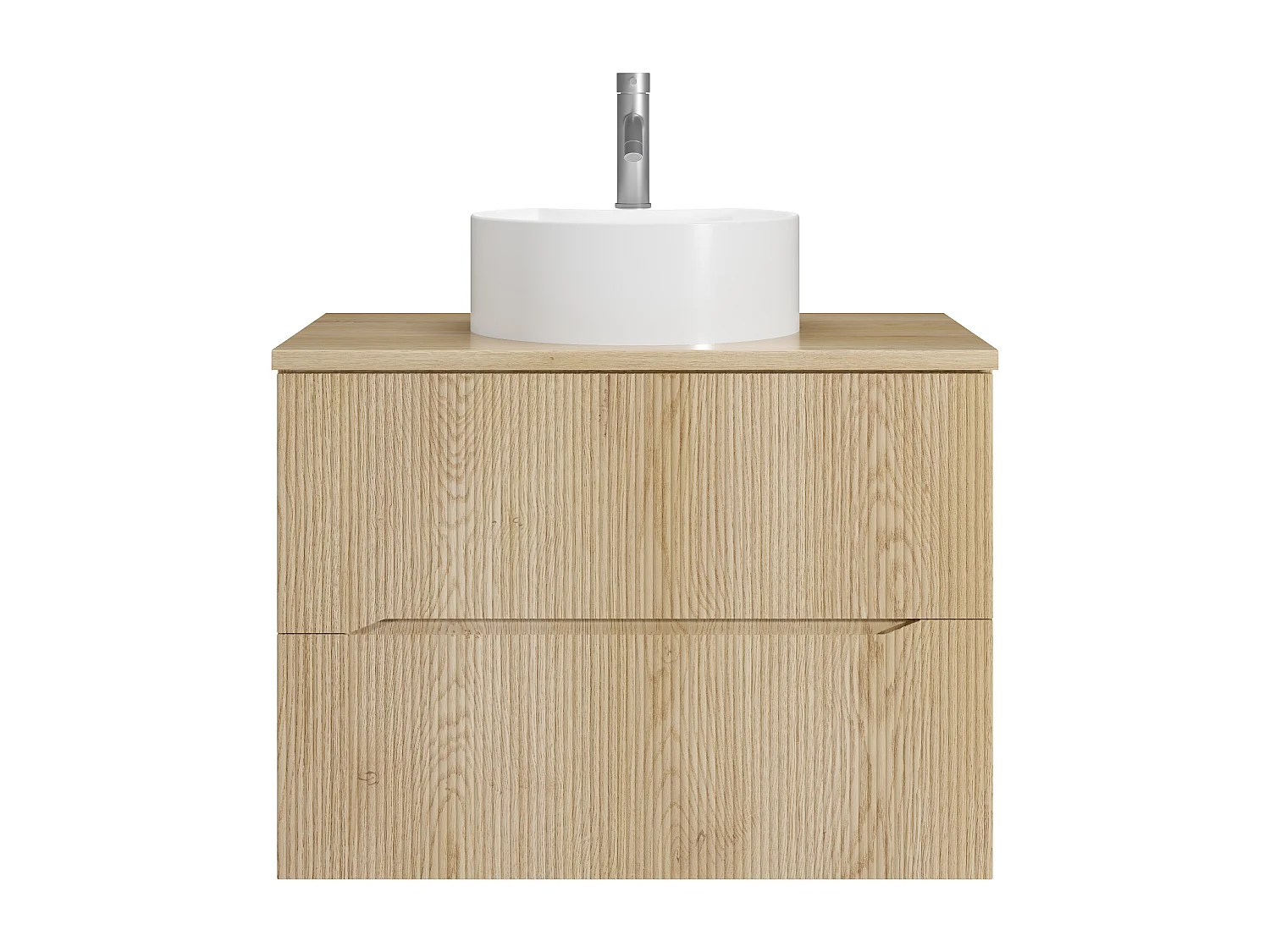 Meuble de salle de bain suspendu strié avec vasque à poser ronde et robinet - Naturel clair - 80 cm - ORISO