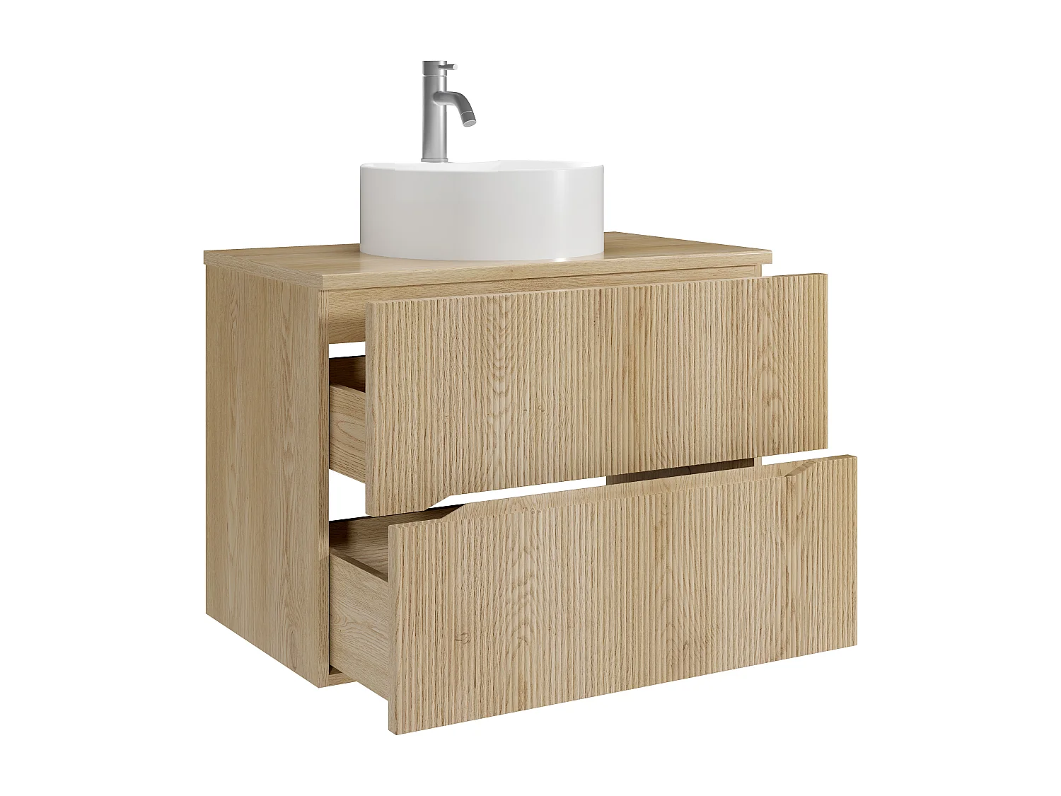 Meuble de salle de bain suspendu strié avec vasque à poser ronde et robinet - Naturel clair - 80 cm - ORISO