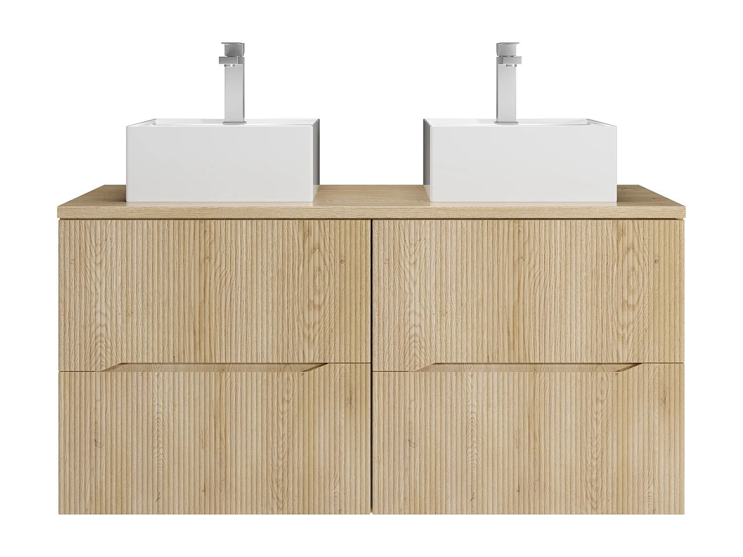 Meuble de salle de bain suspendu strié avec vasque à poser carrée et robinet - Naturel clair - 120 cm - ORISO