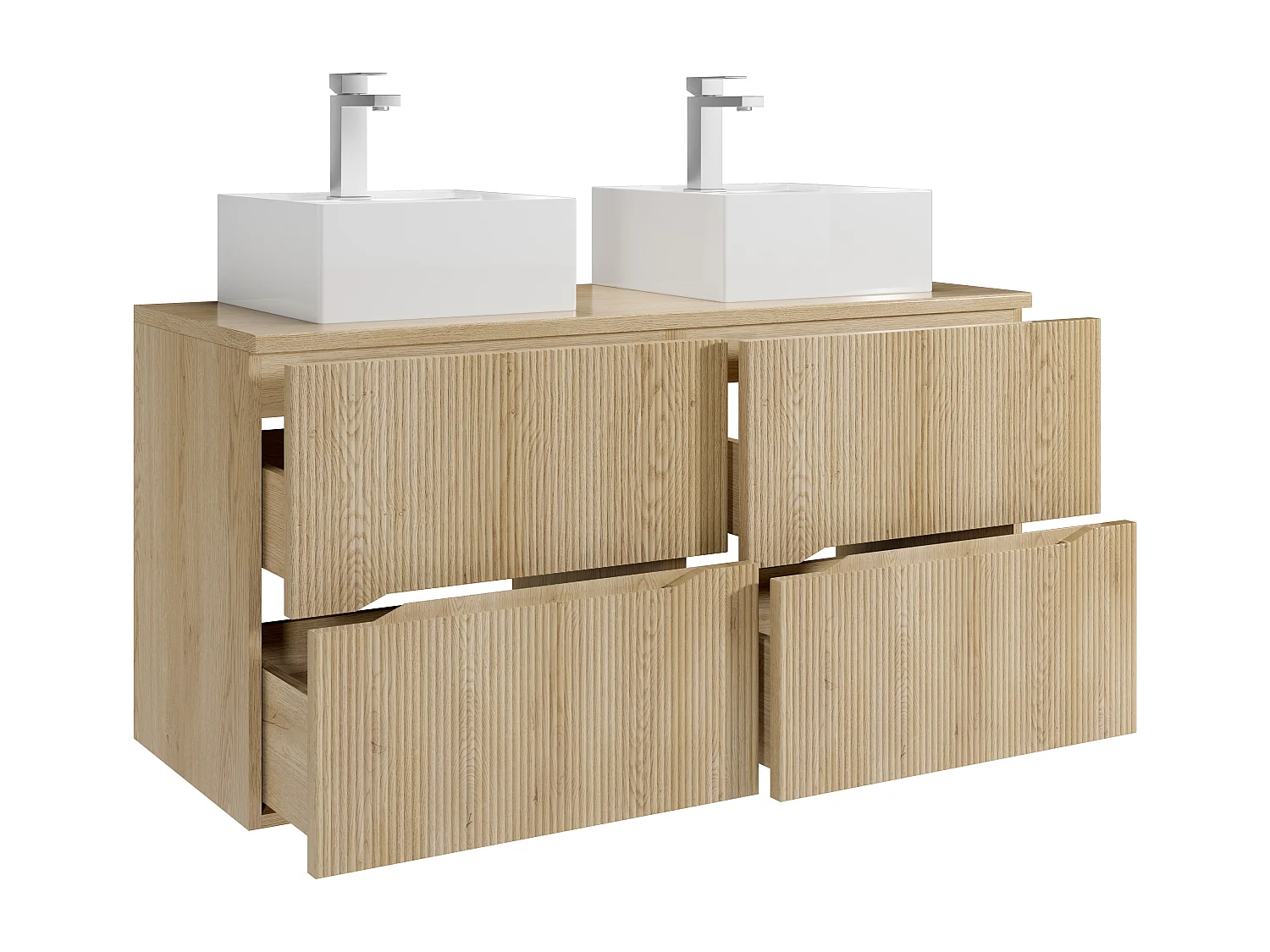 Meuble de salle de bain suspendu strié avec vasque à poser carrée et robinet - Naturel clair - 120 cm - ORISO