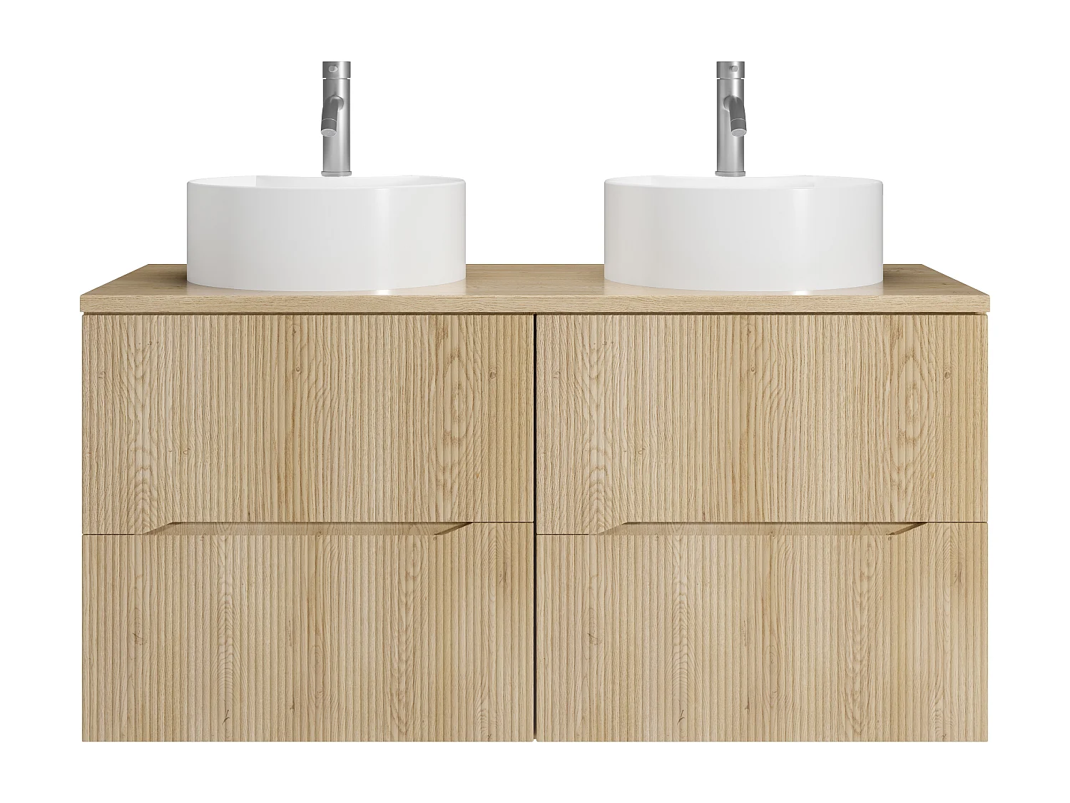 Meuble de salle de bain suspendu strié avec vasque à poser ronde et robinet - Naturel clair - 120 cm - ORISO