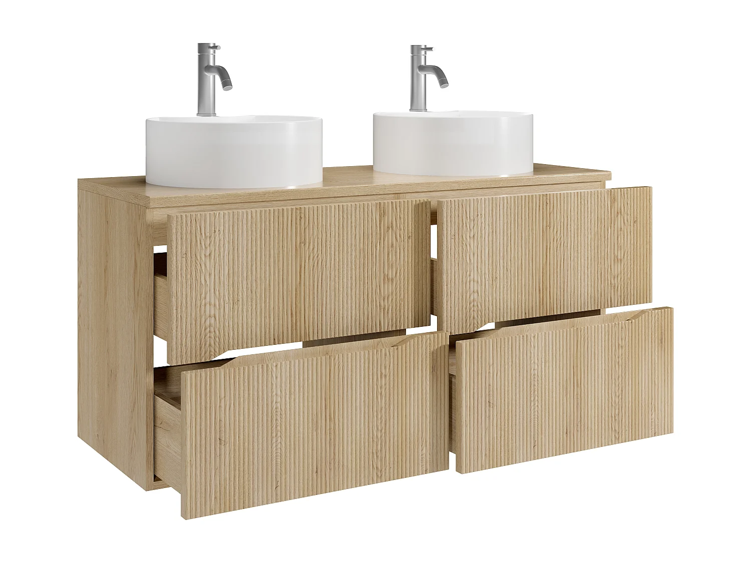 Meuble de salle de bain suspendu strié avec vasque à poser ronde et robinet - Naturel clair - 120 cm - ORISO