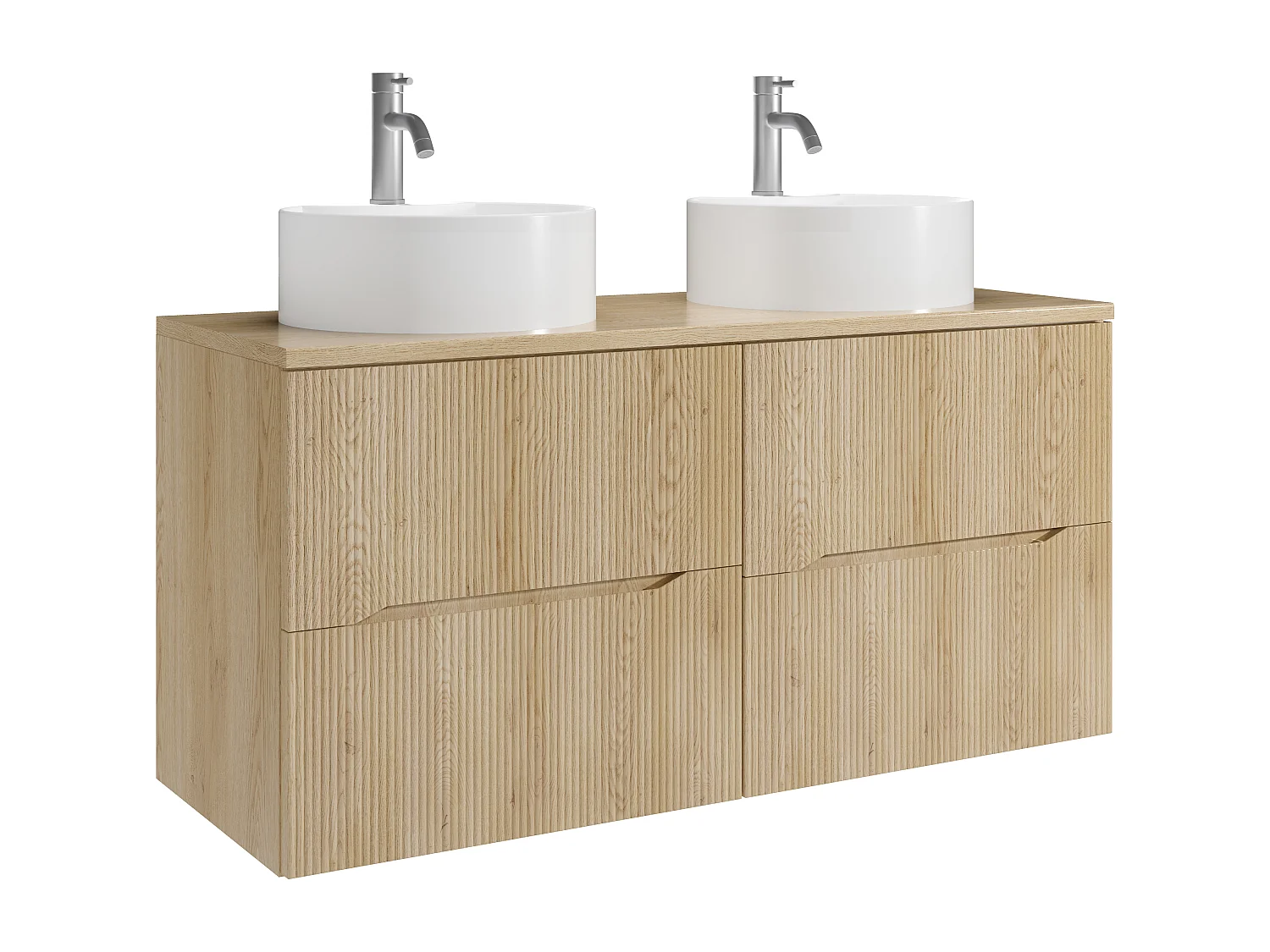 Meuble de salle de bain suspendu strié avec vasque à poser ronde et robinet - Naturel clair - 120 cm - ORISO