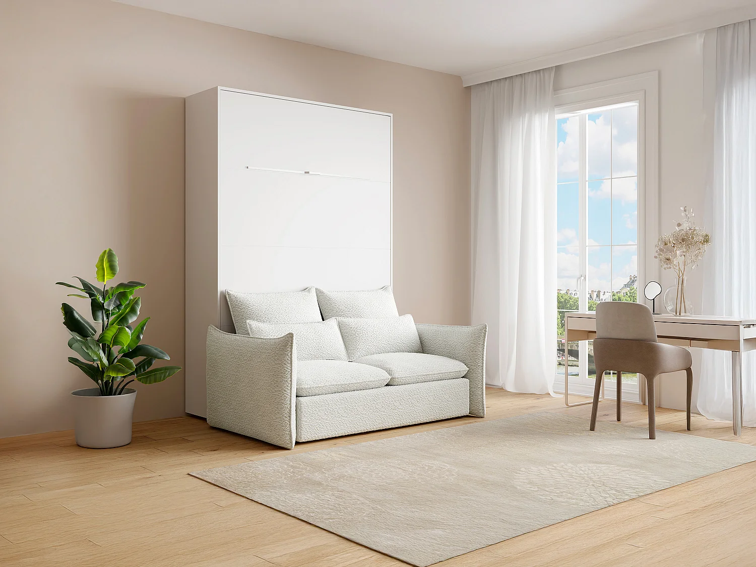 Lit escamotable 160 x 200 cm - Ouverture verticale manuelle - Avec LEDs - Blanc + Canapé + Matelas - RAPILI