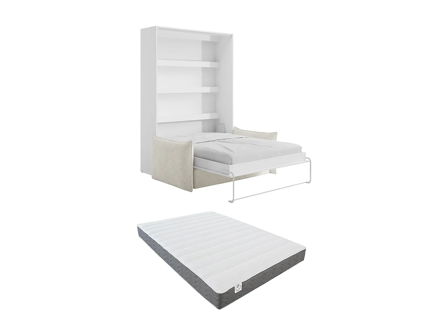 Lit escamotable 160 x 200 cm - Ouverture verticale manuelle - Avec LEDs - Blanc + Canapé + Matelas - RAPILI