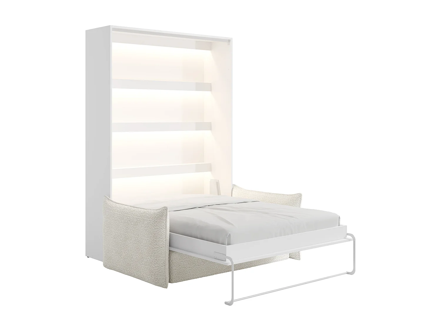 Lit escamotable 160 x 200 cm - Ouverture verticale manuelle - Avec LEDs - Blanc + Canapé + Matelas - RAPILI