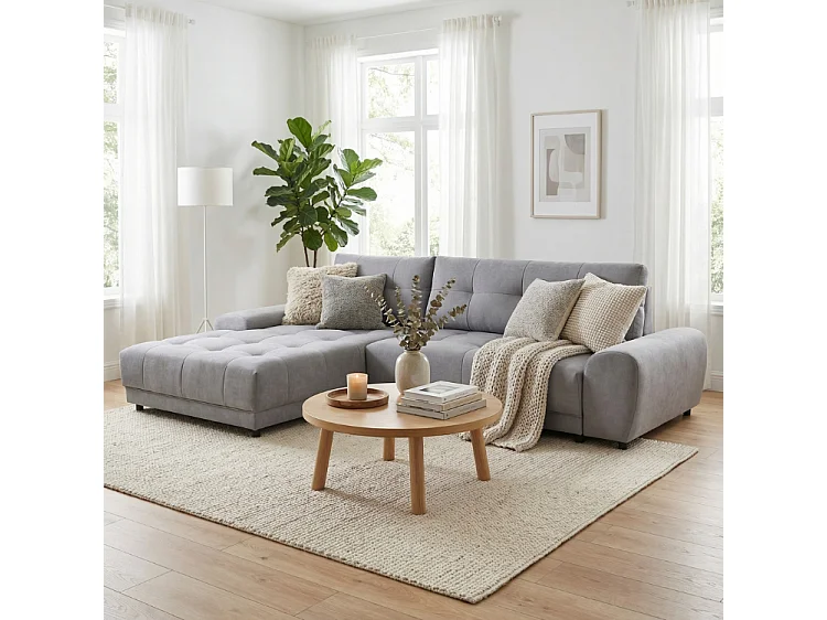 Ecksofa NAMPA 281x189 cm links mit Schlaffunktion, bezogen mit grauem Stoff SORO 93