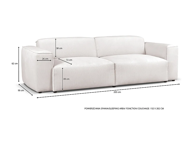 HUNZA – 3-Sitzer-Sofa mit Schlaffunktion 152x202 cm, Stoff Fjord 23 Weiß