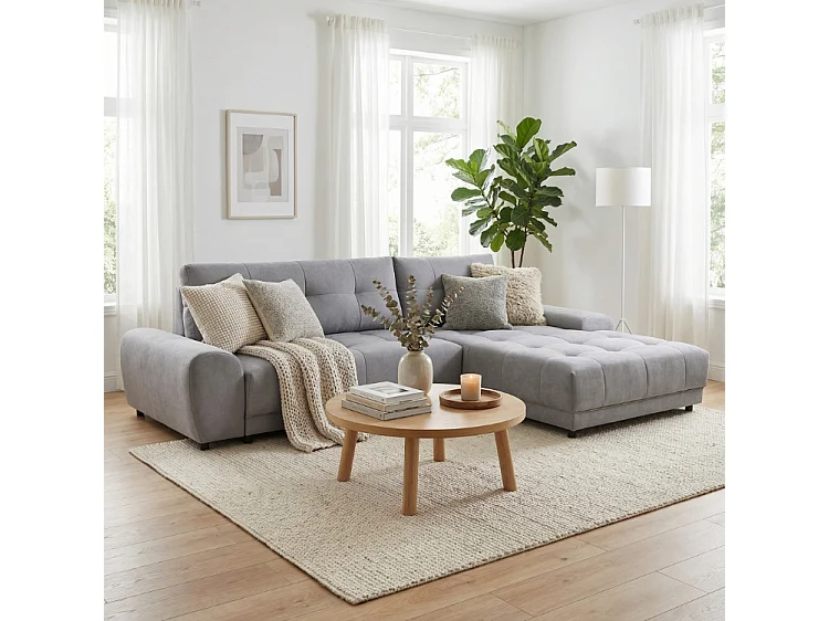 Ecksofa NAMPA 281x189 cm rechts mit Schlaffunktion, bezogen mit grauem Stoff SORO 93