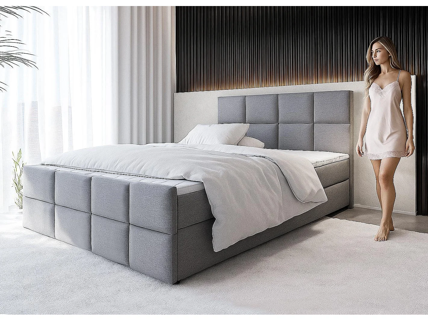 AX LIVING Boxspringbett Grau Aleyna Bett 140 x 200 mit Bettkasten