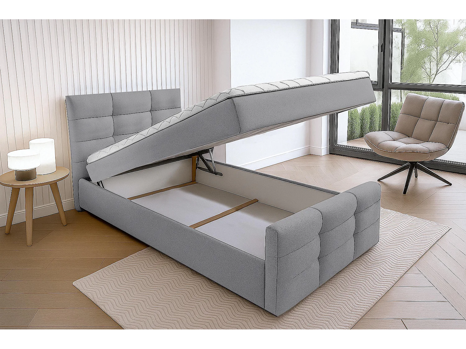AX LIVING Lit boxspring avec coffre de rangement 90x200 cm - Argentaro - gris sans surmatelas