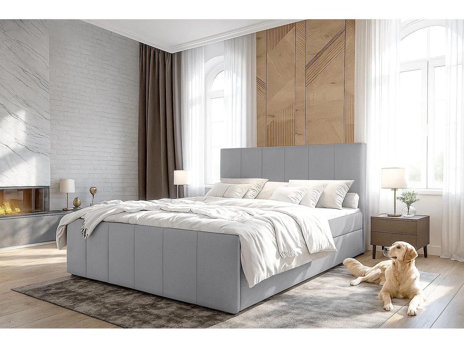 AX LIVING Lit boxspring avec coffre de rangement 140x200 cm - Levente - gris sans surmatelas