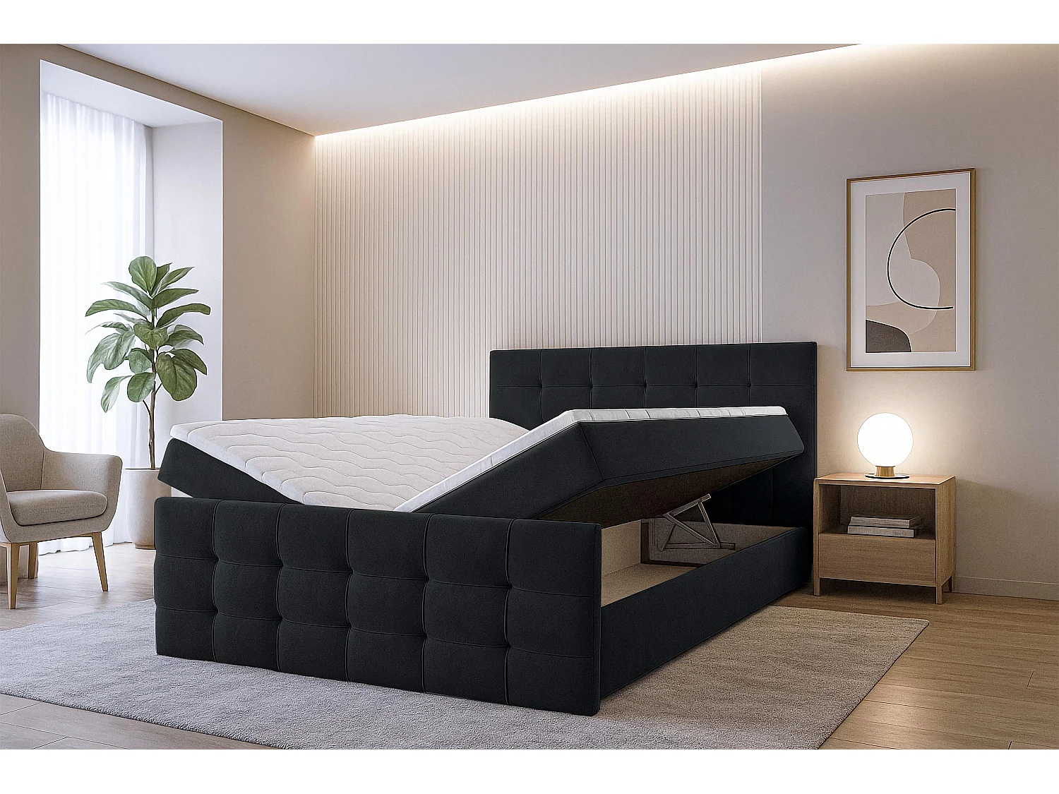 AX LIVING Lit boxspring avec coffre de rangement 180x200 cm - Argentaro - noir sans surmatelas