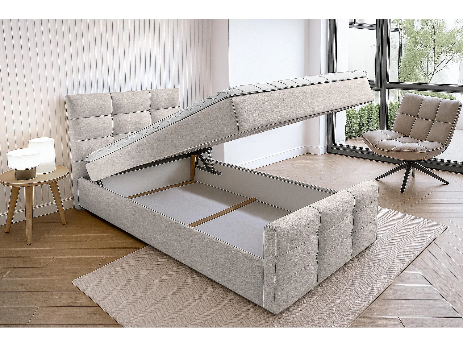 AX LIVING Lit boxspring avec coffre de rangement 90x200 cm - Argentaro - beige sans surmatelas