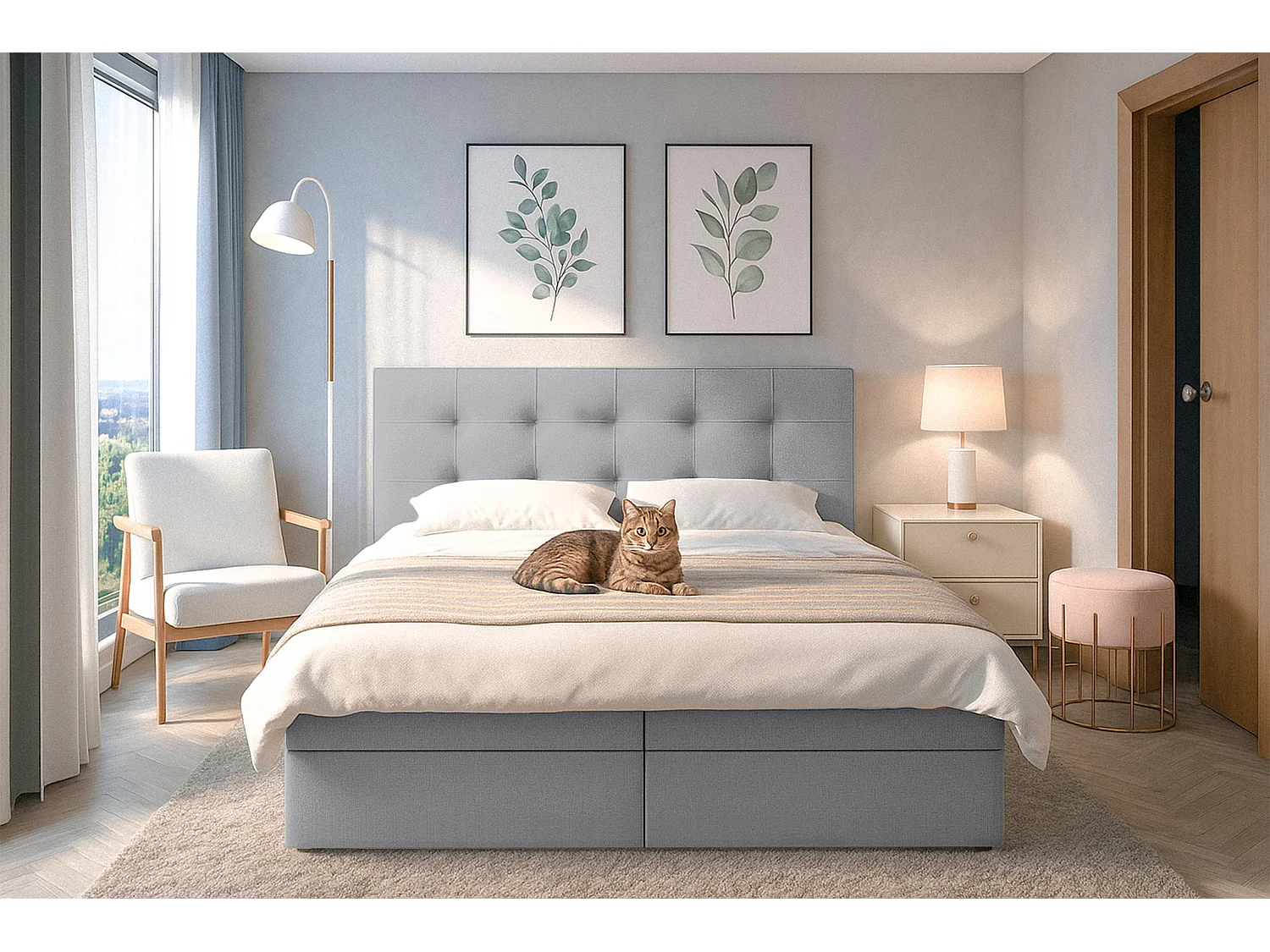 AX LIVING Lit boxspring avec coffre de rangement 140x200 cm - Belinai - gris sans surmatelas