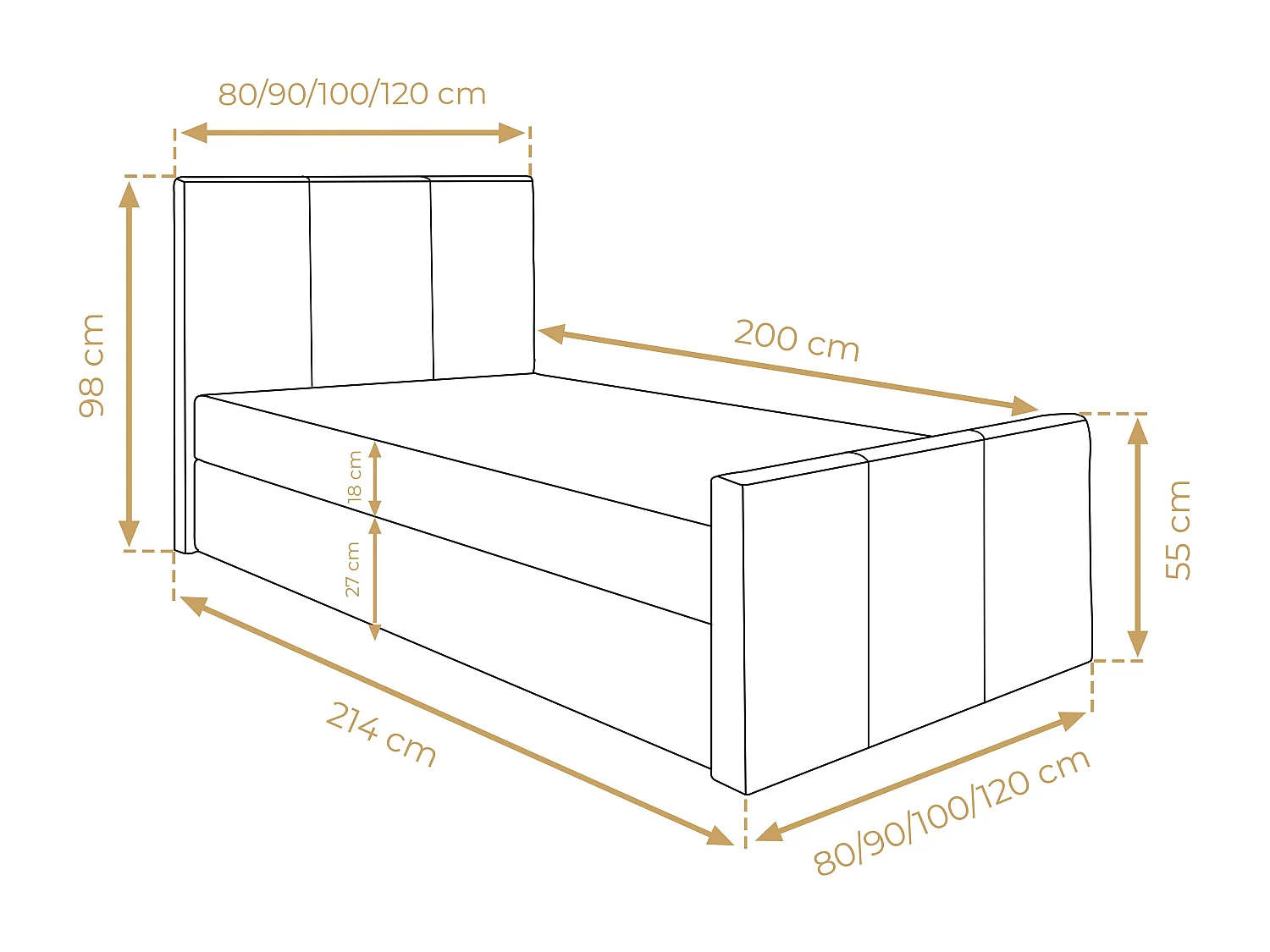 AX LIVING Levente Boxbett mit Bettkasten 100x200 graues Boxspringbett