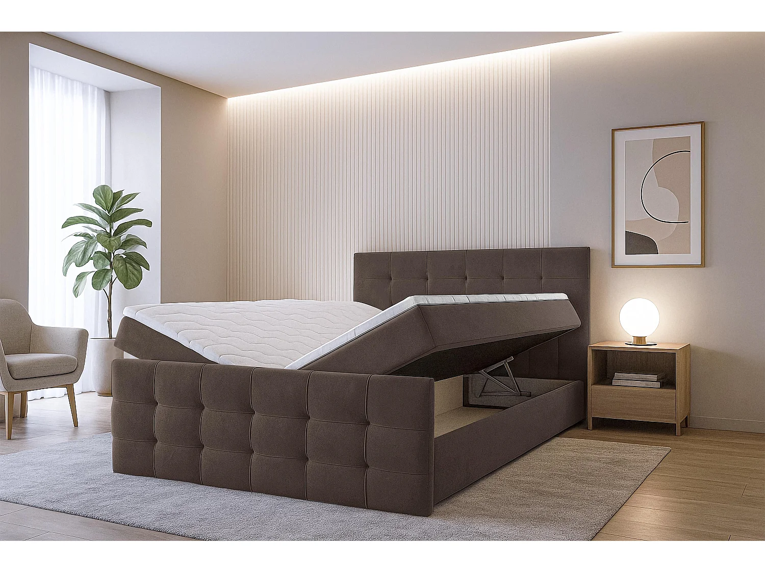 AX LIVING Lit boxspring avec coffre de rangement 140x200 cm - Argentaro - marron sans surmatelas