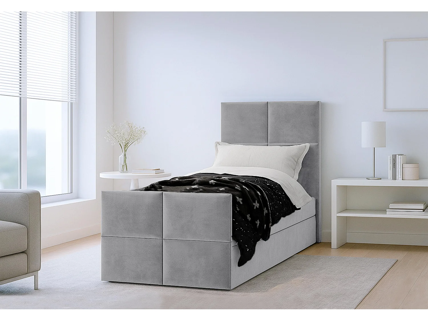 AX LIVING Lit boxspring avec coffre de rangement 90x200 cm - Aleyna - gris sans surmatelas