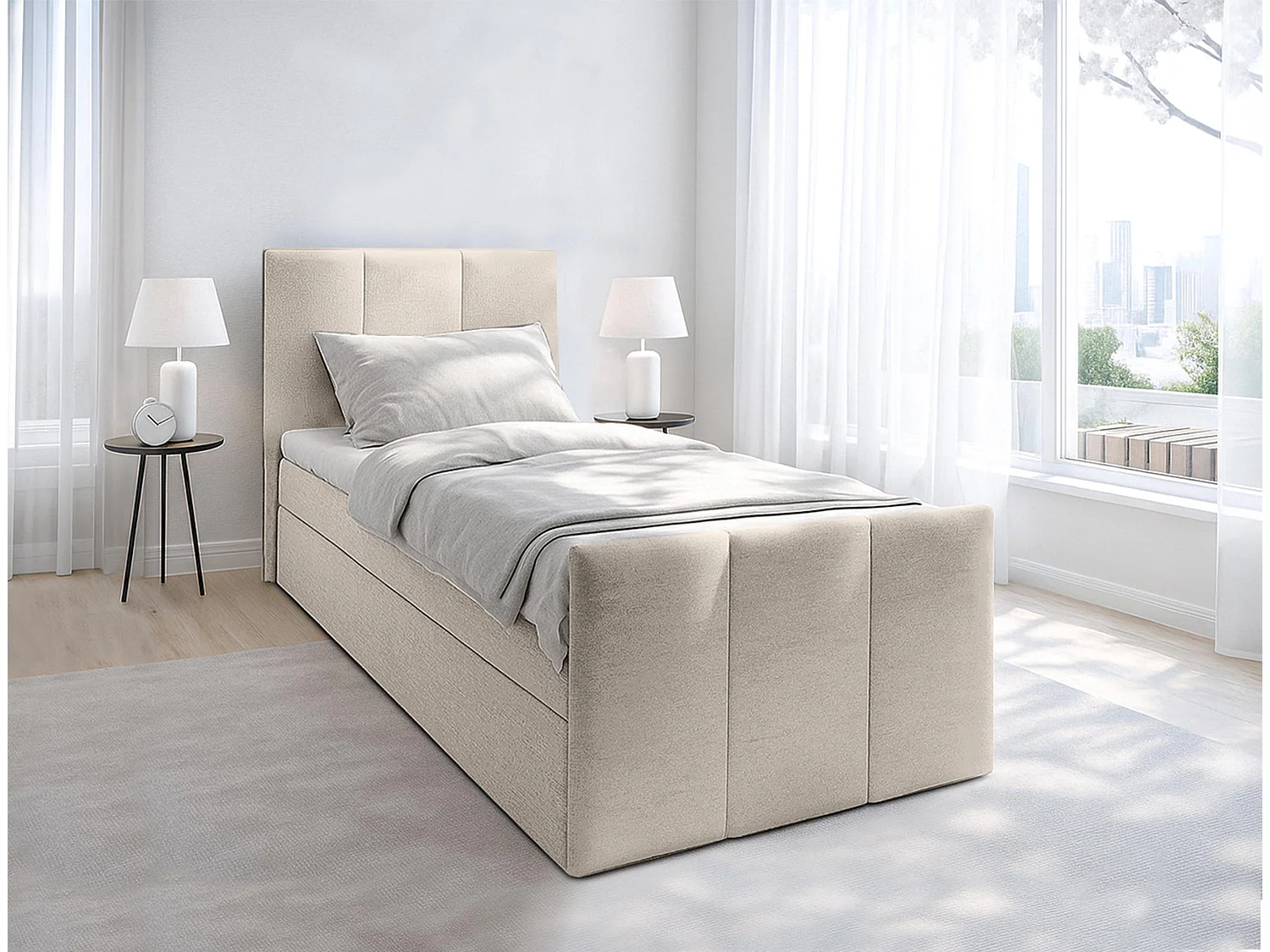 AX LIVING Levente Bett mit Bettkasten 100x200 Beige Boxbett Stauraum