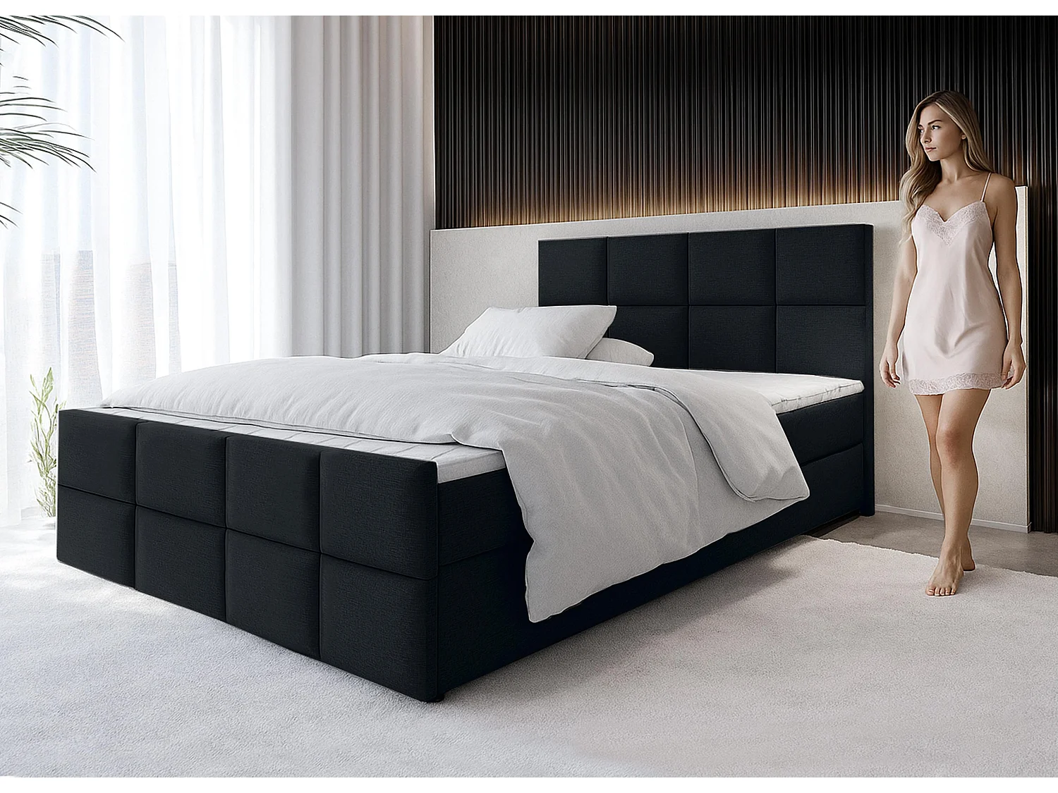 AX LIVING Lit boxspring avec coffre de rangement 180x200 cm - Aleyna - noir sans surmatelas