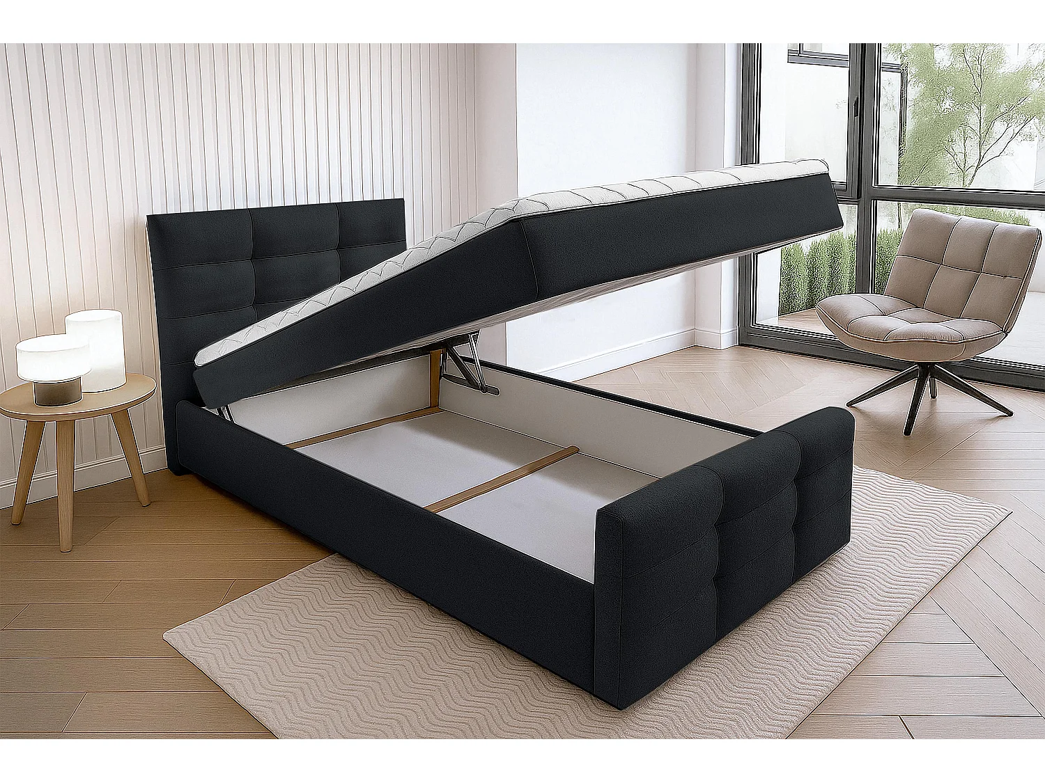 AX LIVING Lit boxspring avec coffre de rangement 80x200 cm - Argentaro - noir sans surmatelas