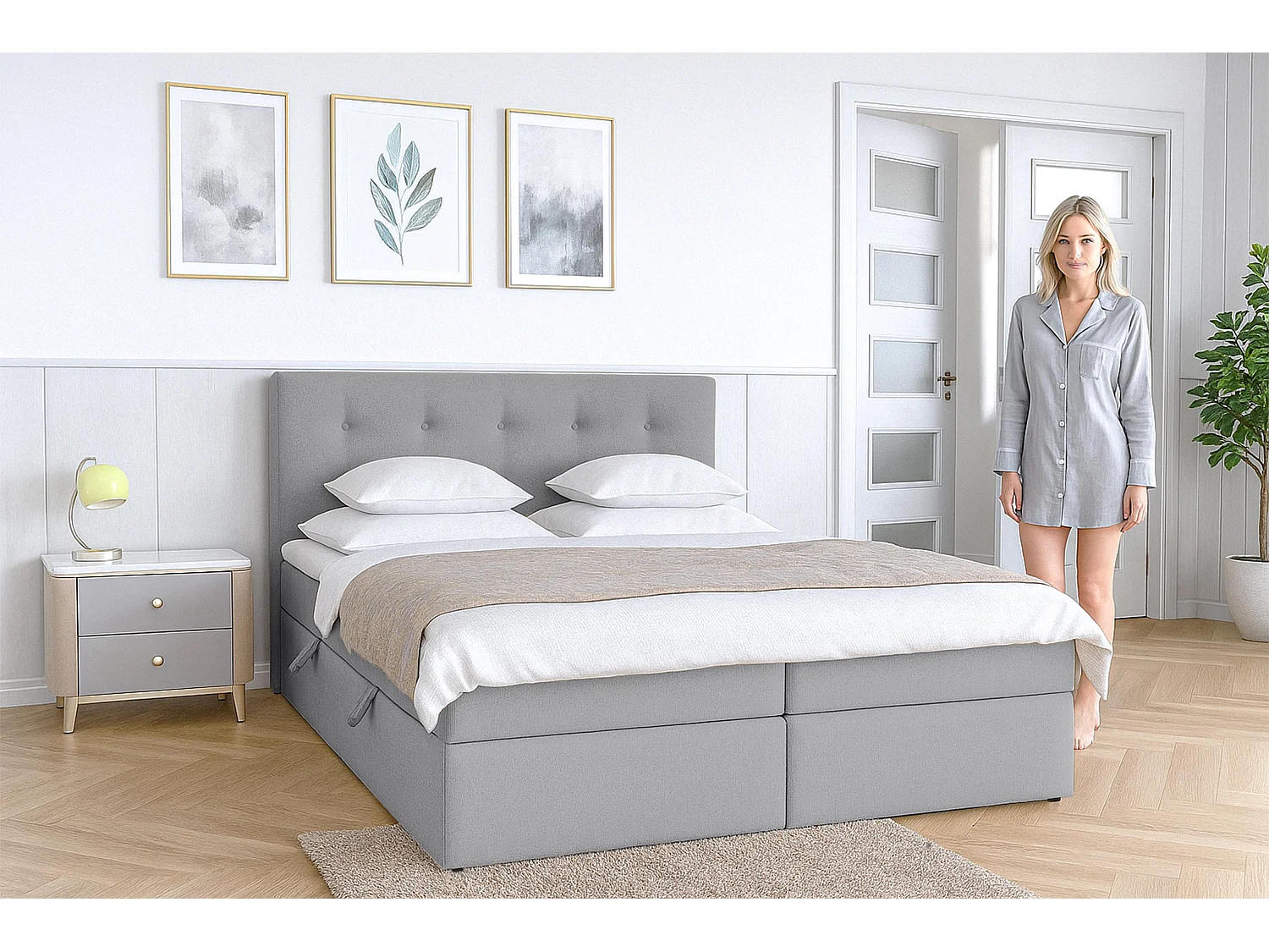 AX LIVING Lit boxspring avec coffre de rangement 180x200 cm - Baunei - gris sans surmatelas