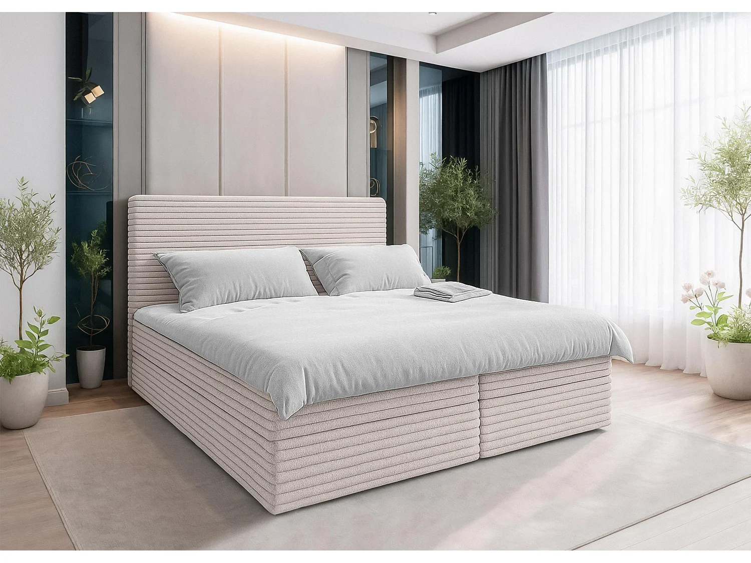 AX LIVING Lit boxspring avec coffre de rangement 160x200 cm - Sevdayla - beige sans surmatelas