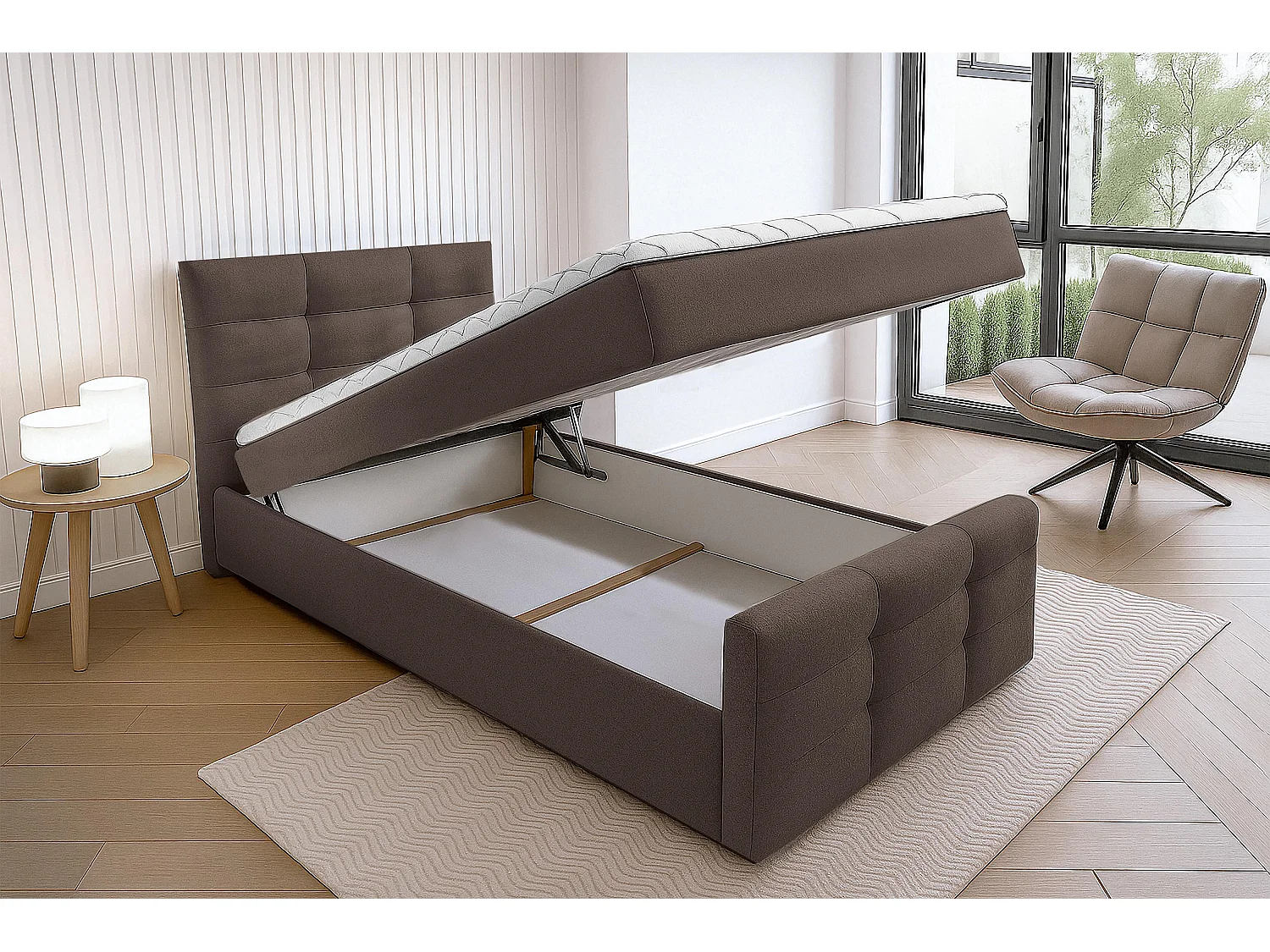 AX LIVING Lit boxspring avec coffre de rangement 80x200 cm - Argentaro - marron sans surmatelas