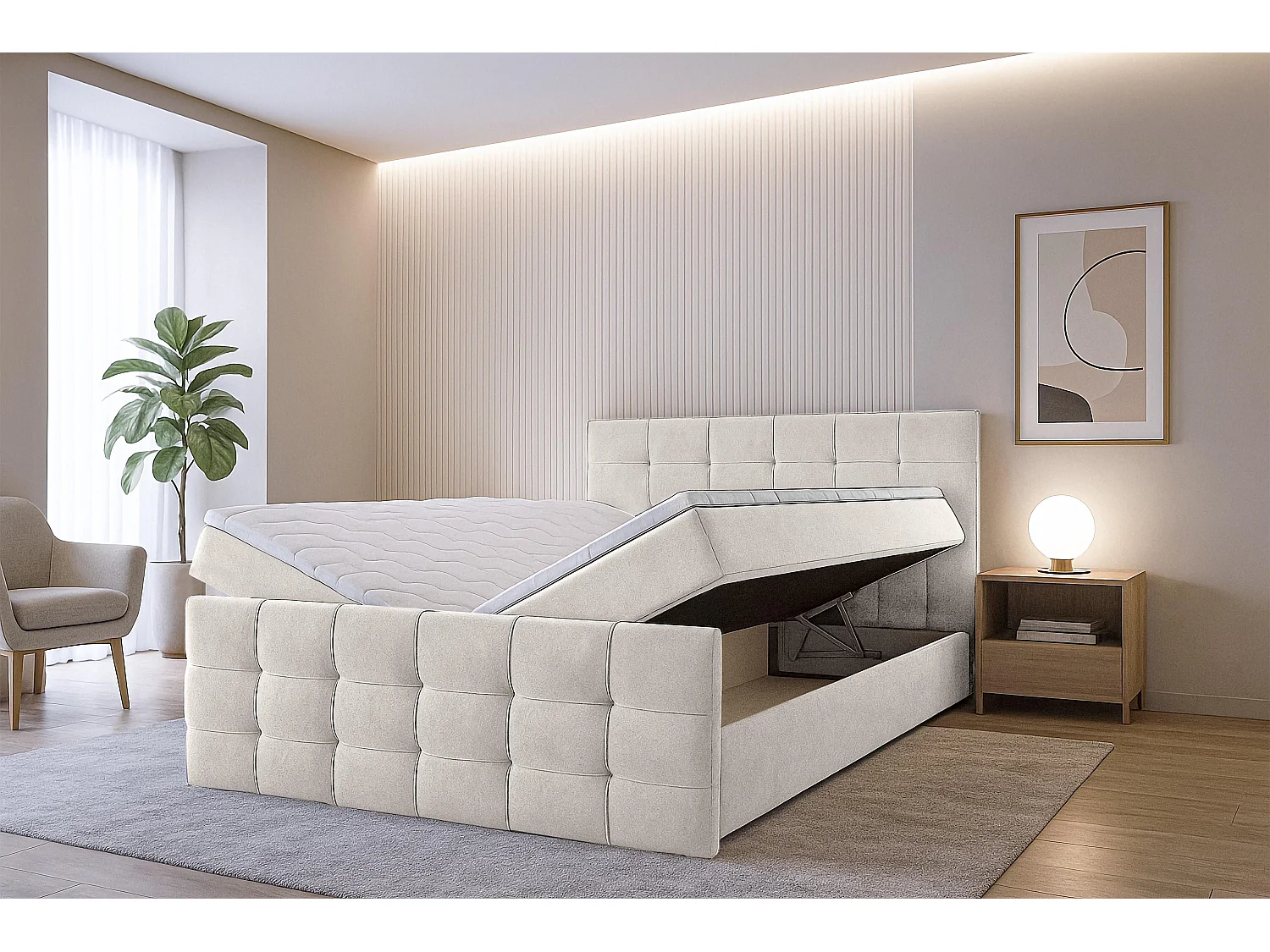 AX LIVING Bett mit Bettkasten 180x200 cm Argentaro Boxspringbett beige