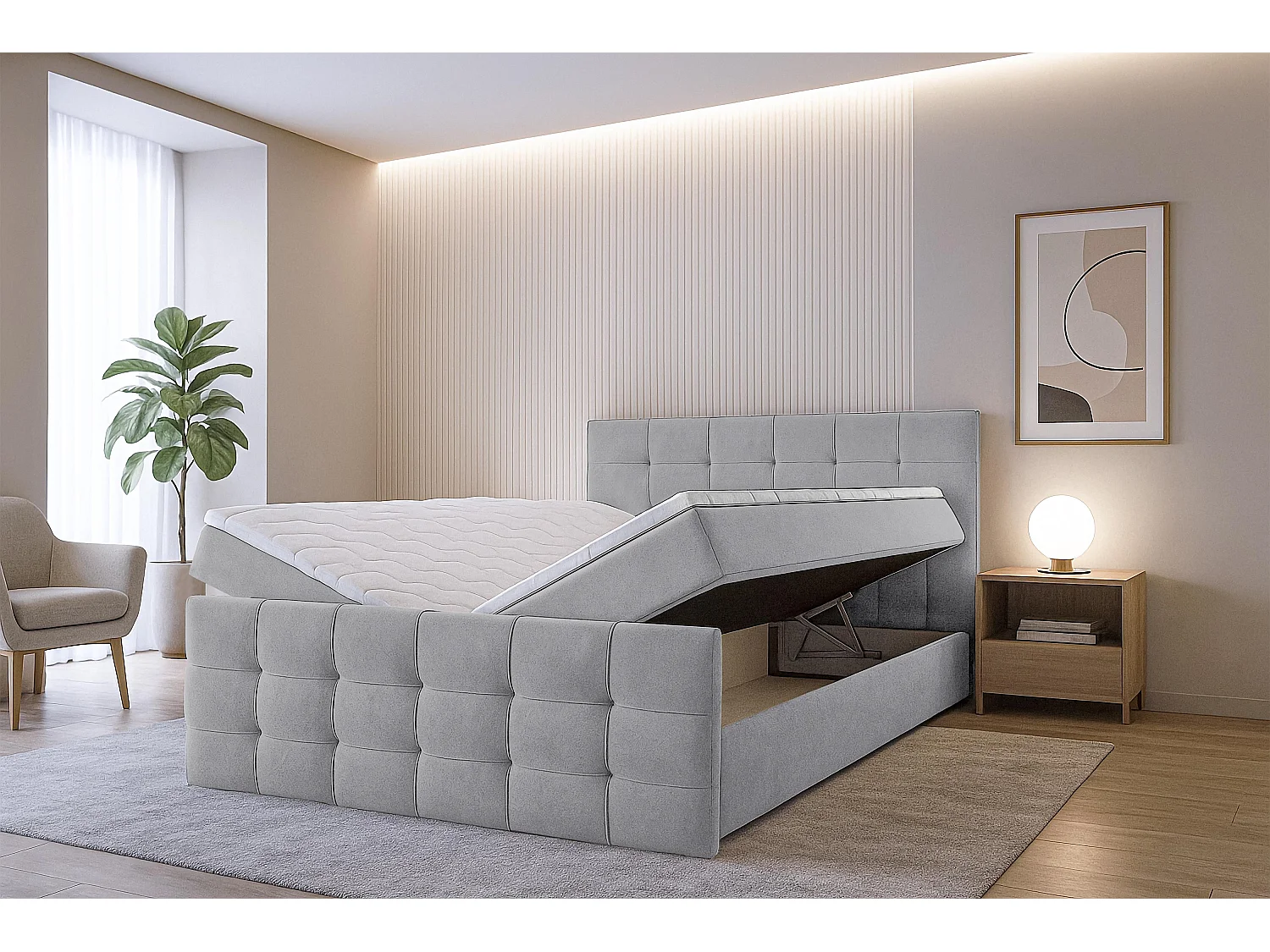 AX LIVING Lit boxspring avec coffre de rangement 180x200 cm - Argentaro - gris sans surmatelas