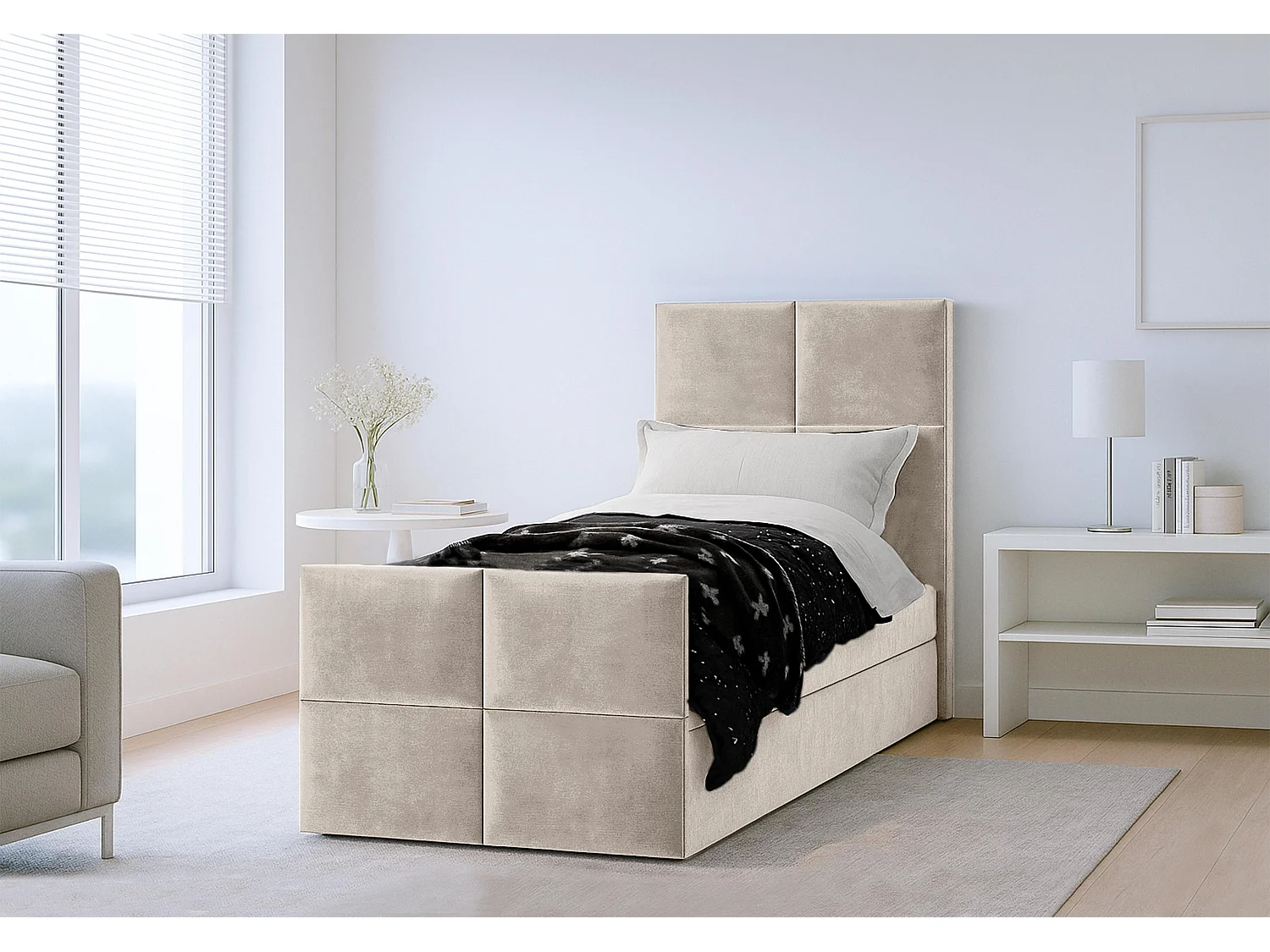 AX LIVING Lit boxspring avec coffre de rangement 80x200 cm - Aleyna - beige sans surmatelas