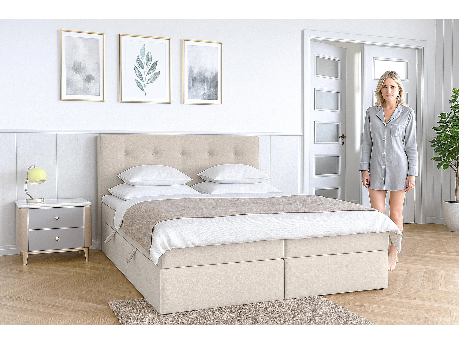 AX LIVING Baunei Boxspringbett 160x200 mit Bettkasten beiges Bett