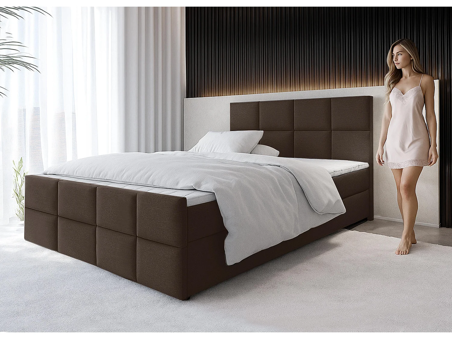 AX LIVING Lit boxspring avec coffre de rangement 160x200 cm - Aleyna - marron sans surmatelas