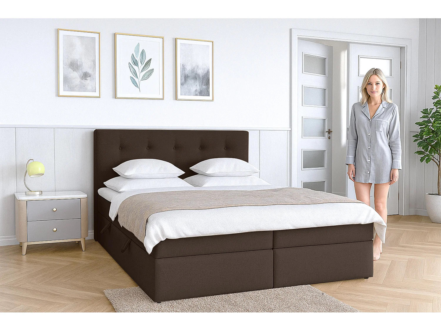 AX LIVING Lit boxspring avec coffre de rangement 180x200 cm - Baunei - marron sans surmatelas