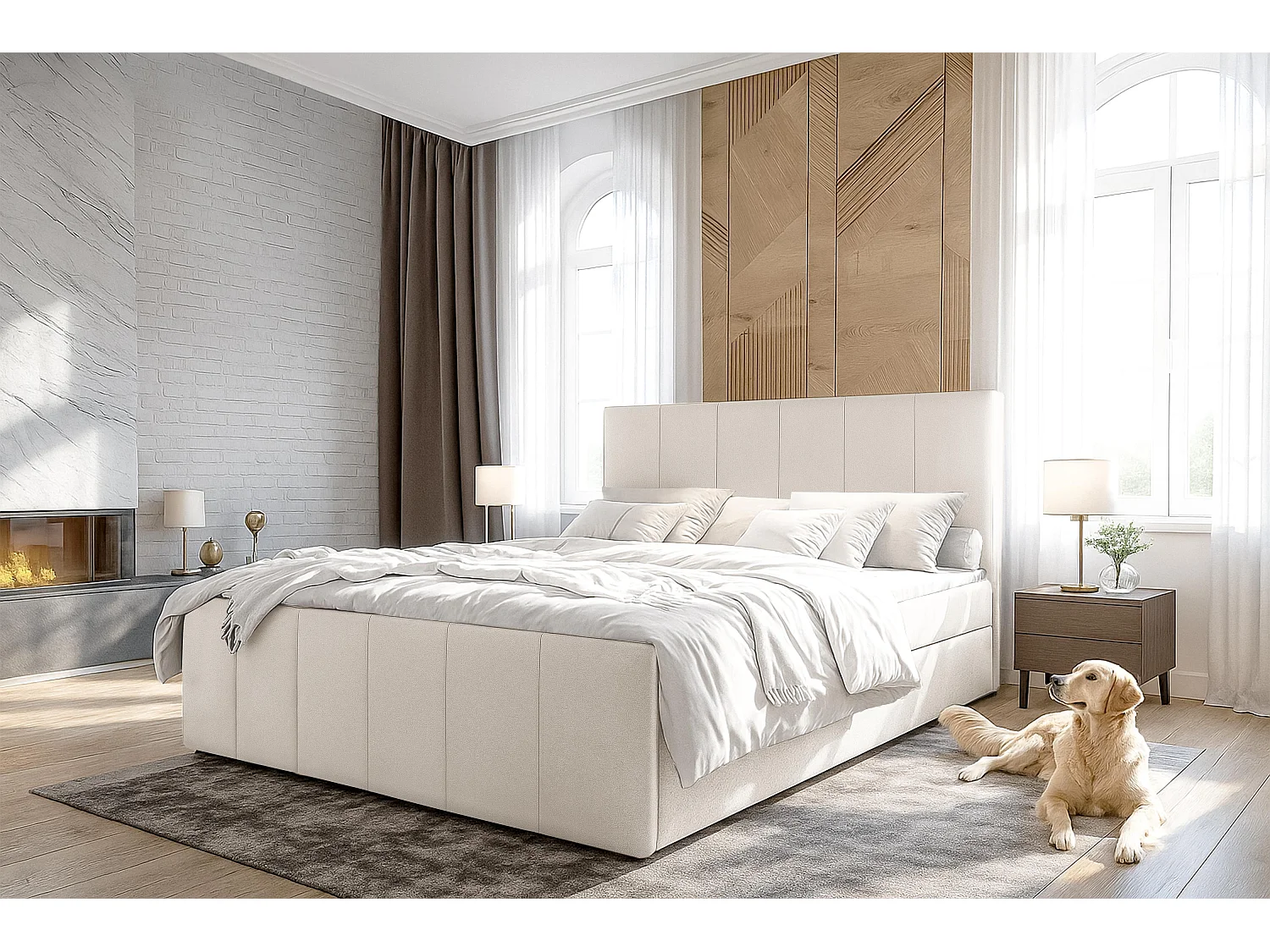 AX LIVING Lit boxspring avec coffre de rangement 180x200 cm - Levente - beige sans surmatelas