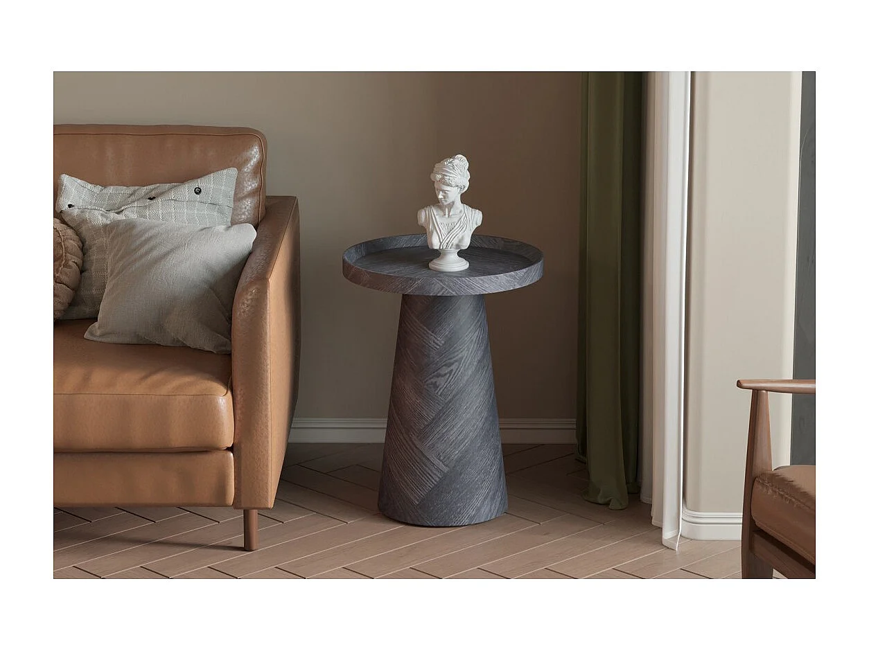 Table d'appoint ronde collection CARVELA – Décor gris foncé – Bord relevé – D45 x H57 cm