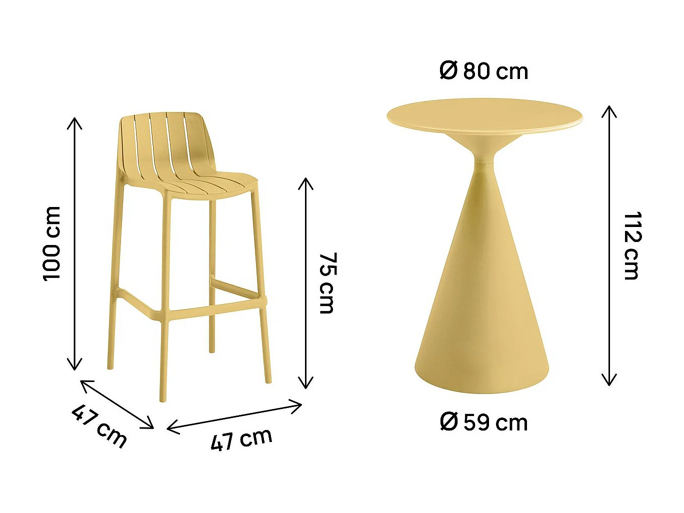 Table et chaises hautes de bistrot empilables "Vaena" - 2 places - Jaune