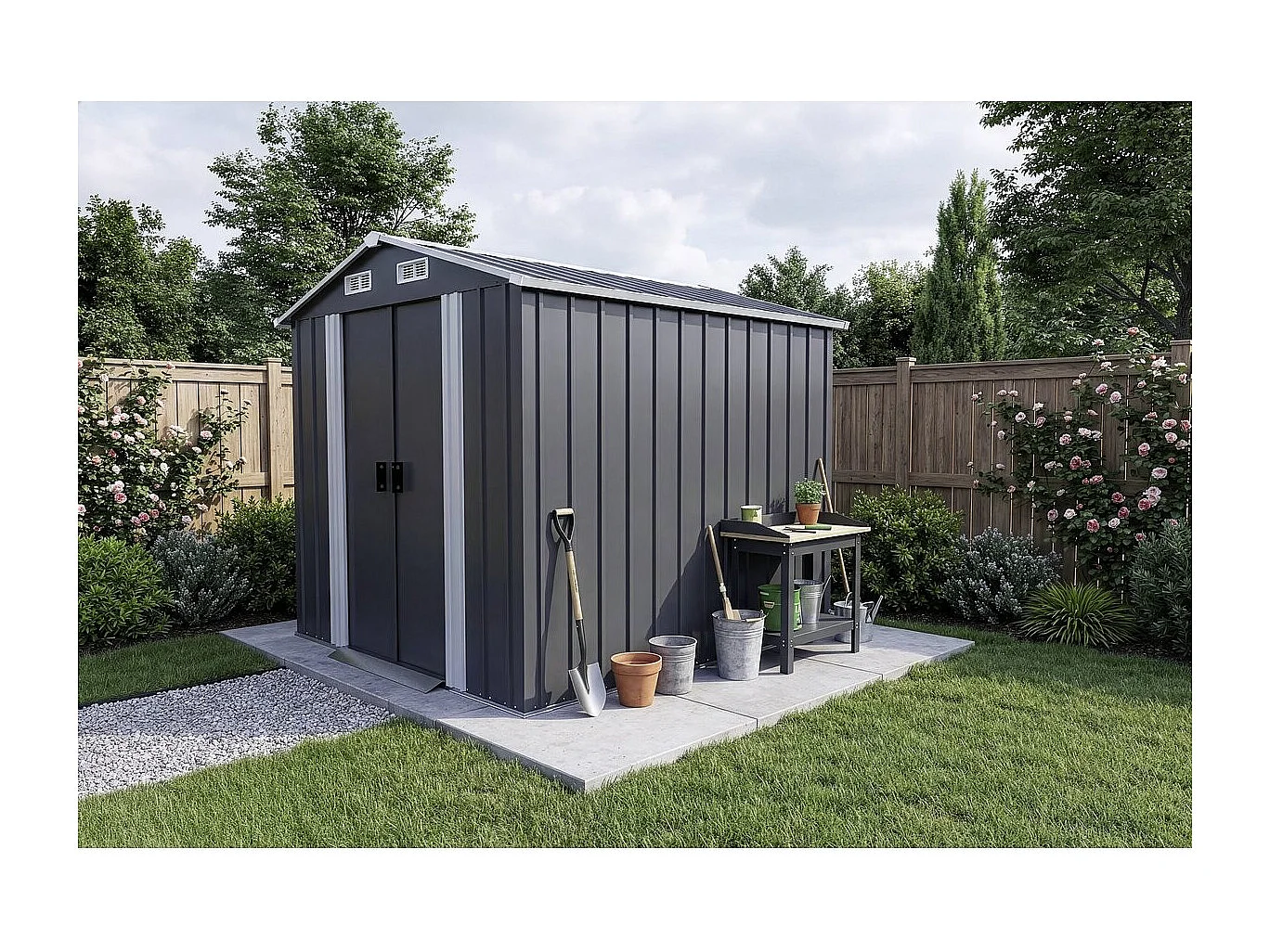 Abri de jardin métal gris Boston 4,12 m² avec porte coulissante et ventilation intégrée