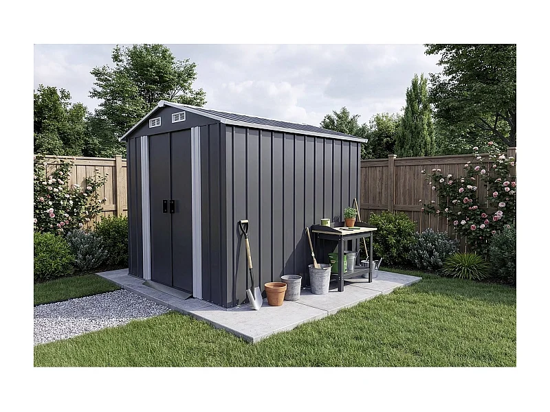 Abri de jardin métal gris Boston 4,12 m² avec porte coulissante et ventilation intégrée