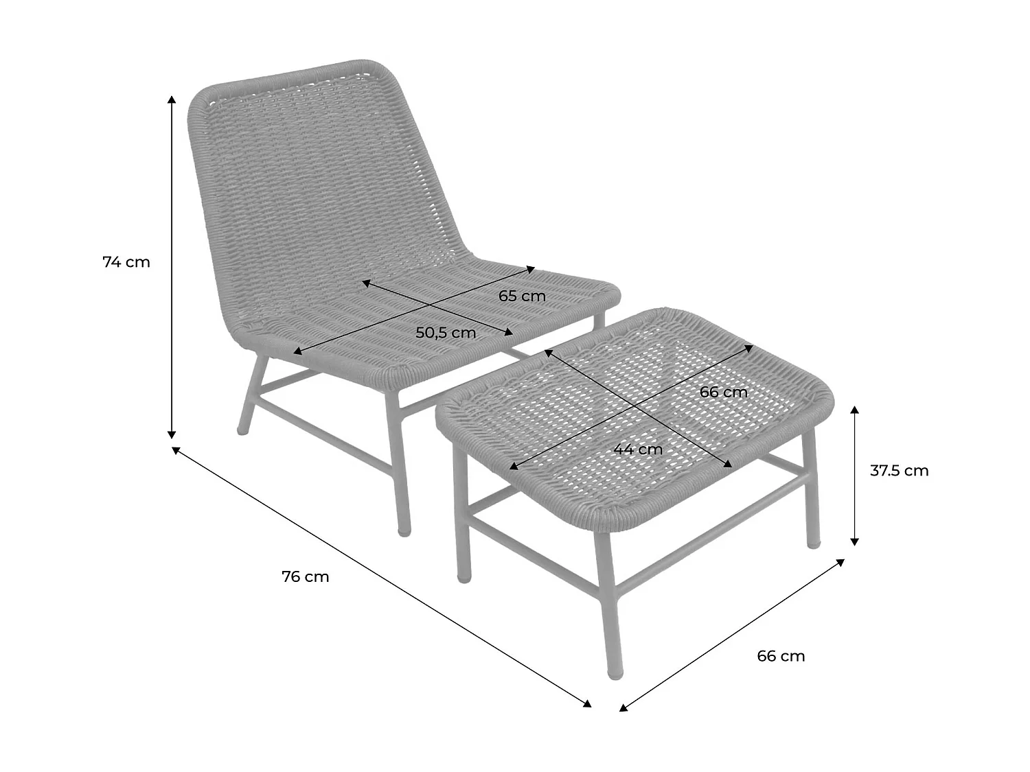 Fauteuil relax et repose pied aluminium et corde anthracite - Laguna