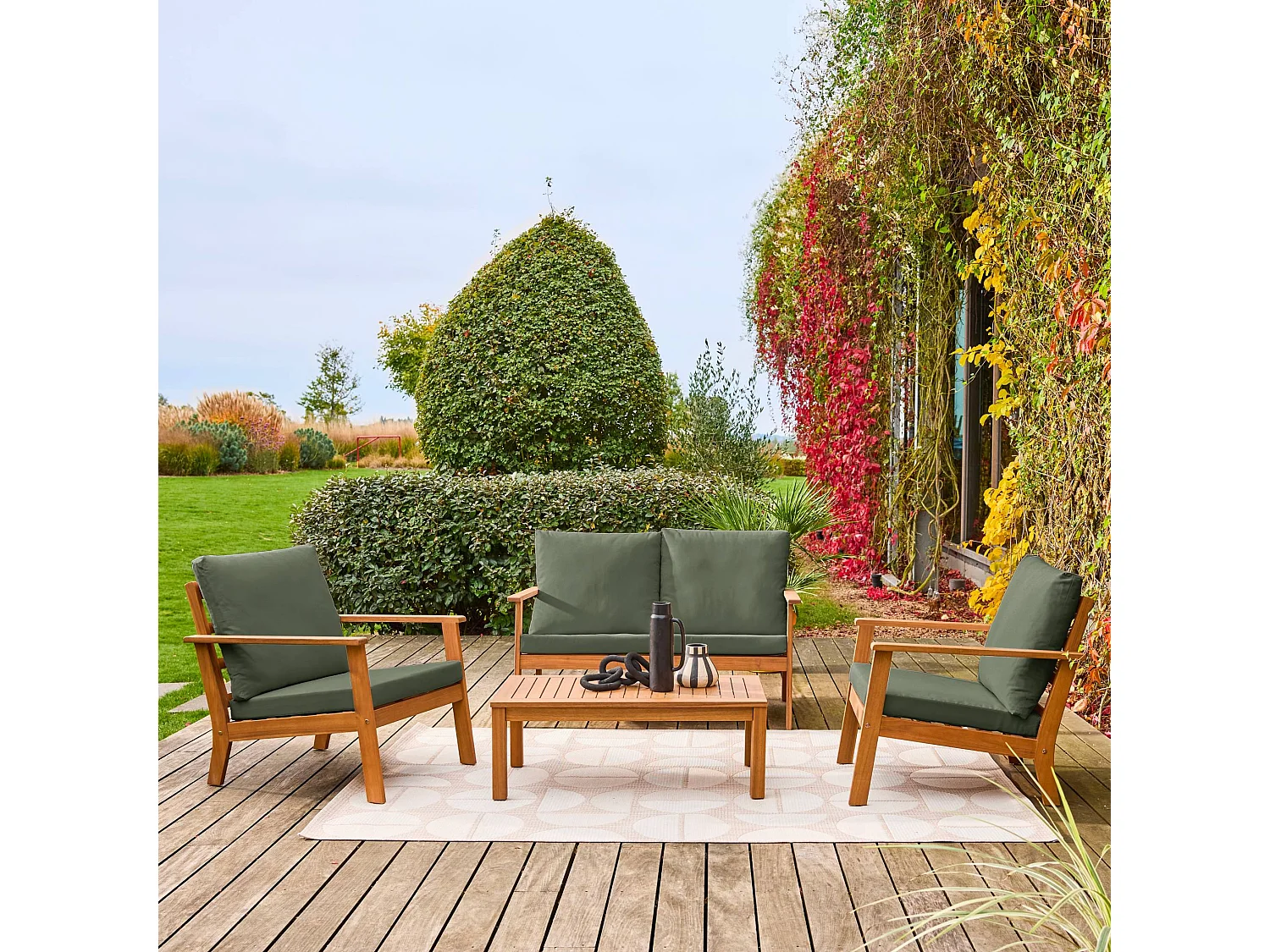 Salotto da giardino in legno di acacia, 4 posti, verde kaki