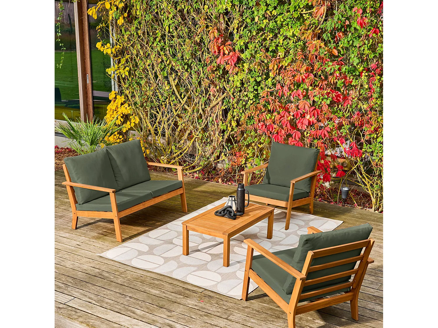 Salotto da giardino in legno di acacia, 4 posti, verde kaki