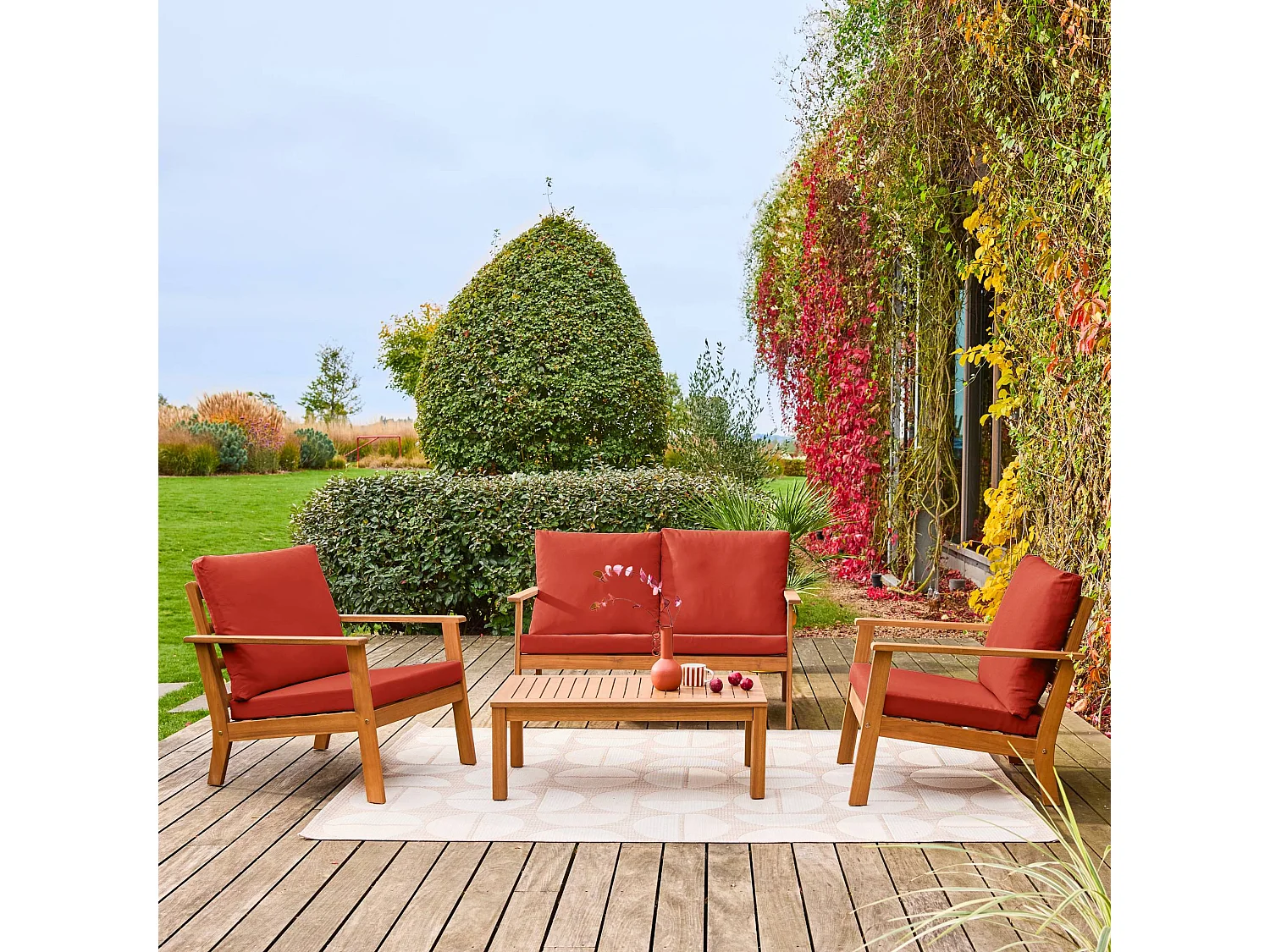 Salotto da giardino in legno di acacia, 4 posti, terracotta